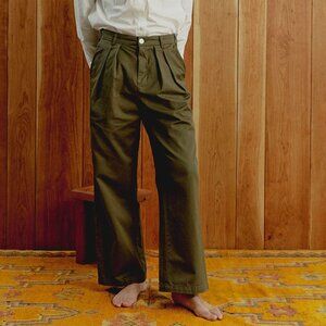 Double Pleat Trousers - Olive Twill by ijji.co